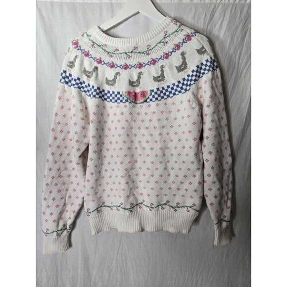 Vintage 80s Eddie Bauer Cute Ducks Watermelon Cotton Knit Pullover Sweater LRG - Picture 11 of 14